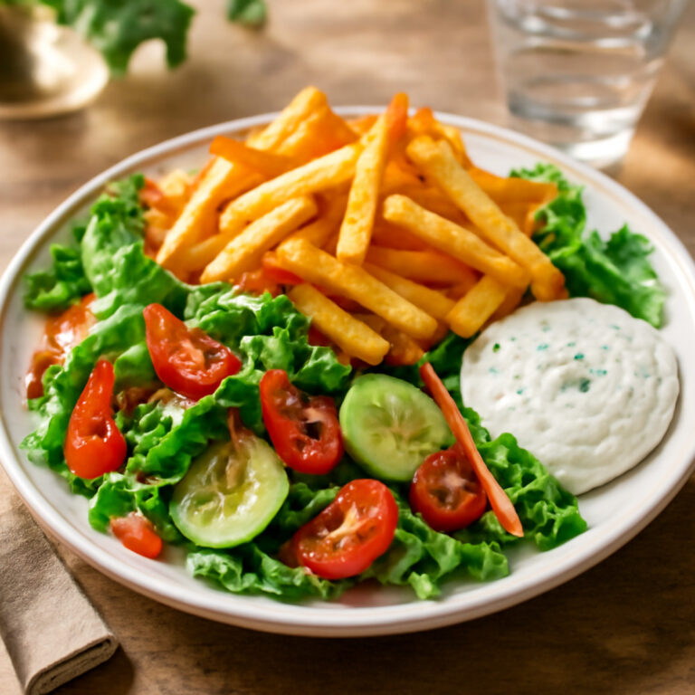 Assiette appétissante de salade de frites maison avec frites croustillantes, salade verte, sauce yaourt et légumes croquants du printemps