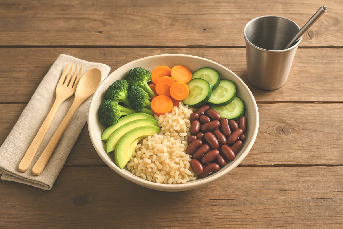 Bol maison zéro déchet rempli de légumes de saison, couverts réutilisables et serviette en tissu sur table en bois