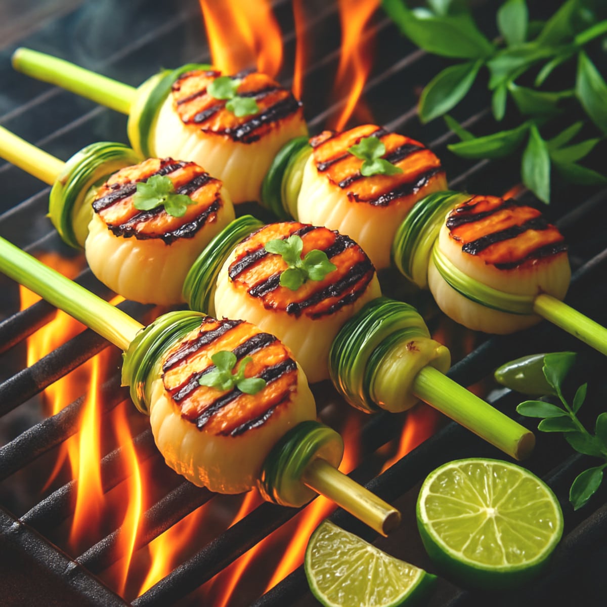 Brochettes Saint-Jacques dorées sur tiges citronnelle avec citron vert et herbes thaï fraîches