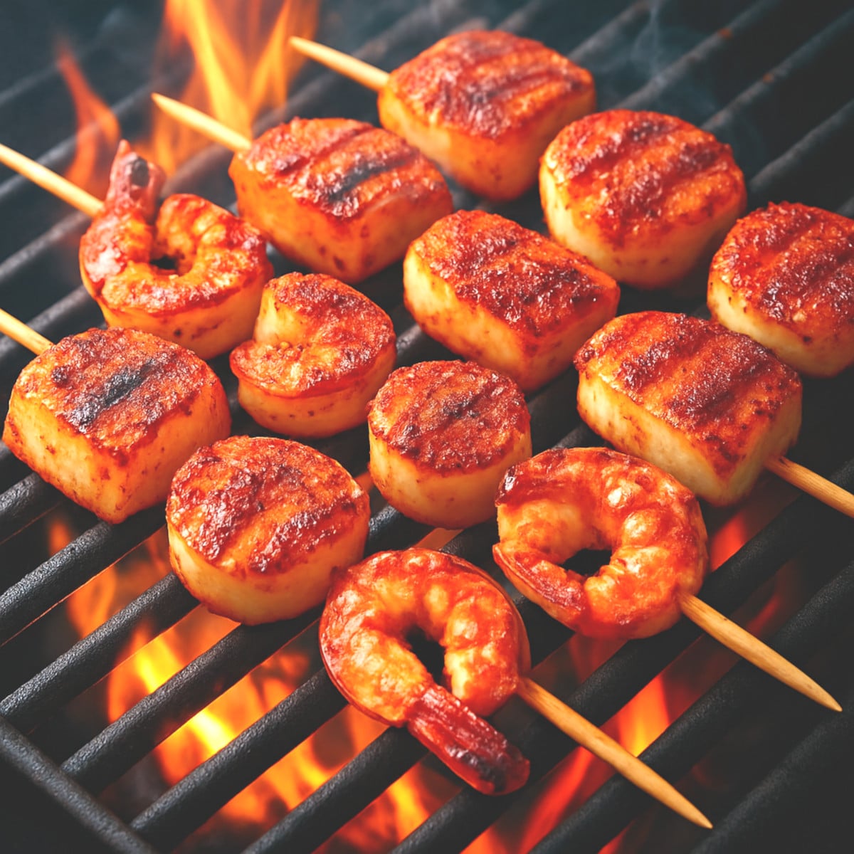 Brochettes cajun épicées crevettes pétoncles sur barbecue avec fumée et épices colorées
