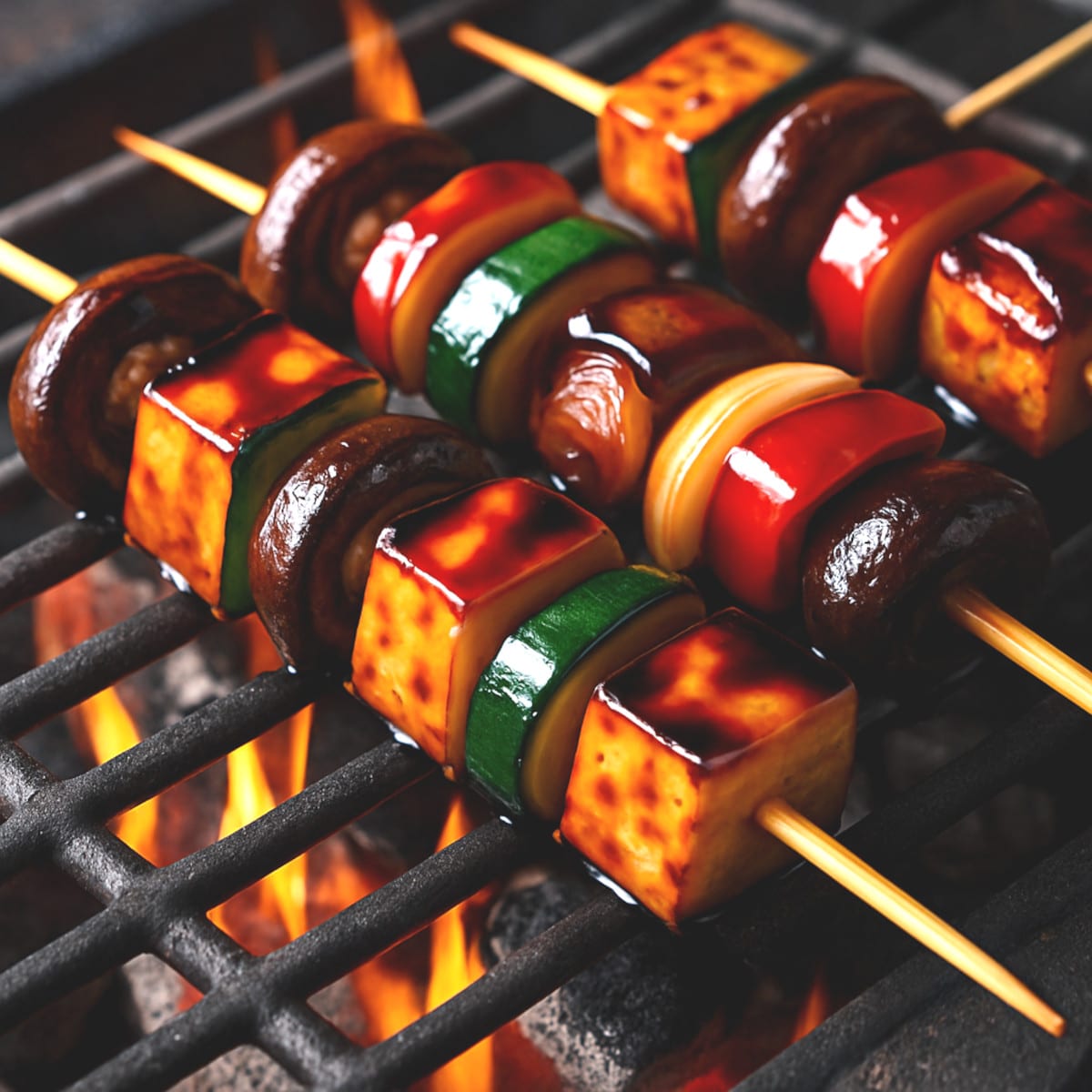 Brochettes yakitori tofu végétariennes sauce brillante champignons shiitake sur grill charbon