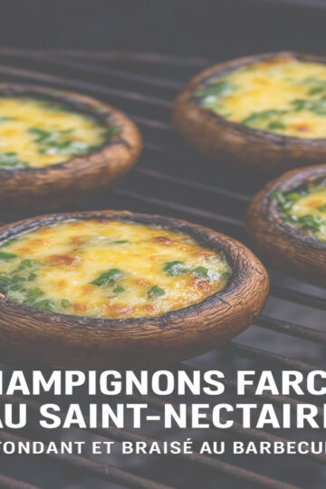 Champignons farcis au Saint-Nectaire servis sur assiette rustique, avec salade fraîche et vin blanc