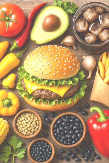 Contraste visuel d’un burger, frites et face à un repas coloré de légumes de saison,