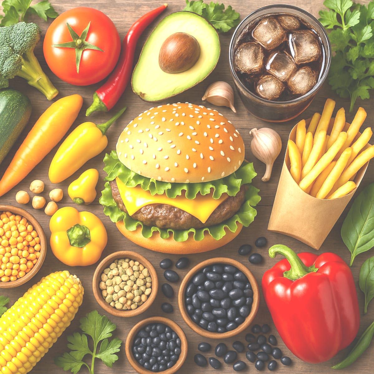 Contraste visuel d’un burger, frites et face à un repas coloré de légumes de saison,