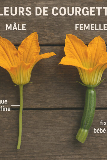 Fleur de courgette mâle sur tige longue et fleur femelle sur mini courgette – comparatif visuel