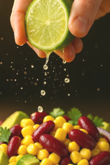 Gouttes de jus de citron vert pressées sur la salade mexicaine avocat‑maïs