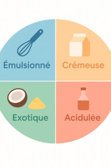 Infographie des quatre familles de sauces pour poisson : émulsionnées, crémeuses, acidulées, exotiques