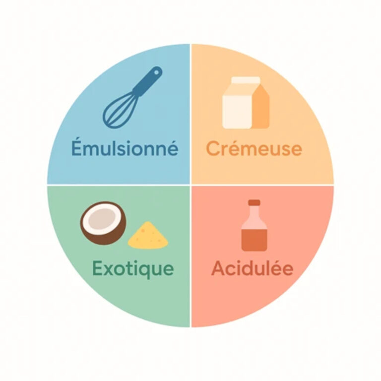 Infographie des quatre familles de sauces pour poisson : émulsionnées, crémeuses, acidulées, exotiques