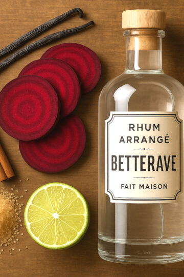 rhum arrangé betterave : rhum blanc agricole, betteraves rouges fraîches, sucre de canne, gousse de vanille, épices