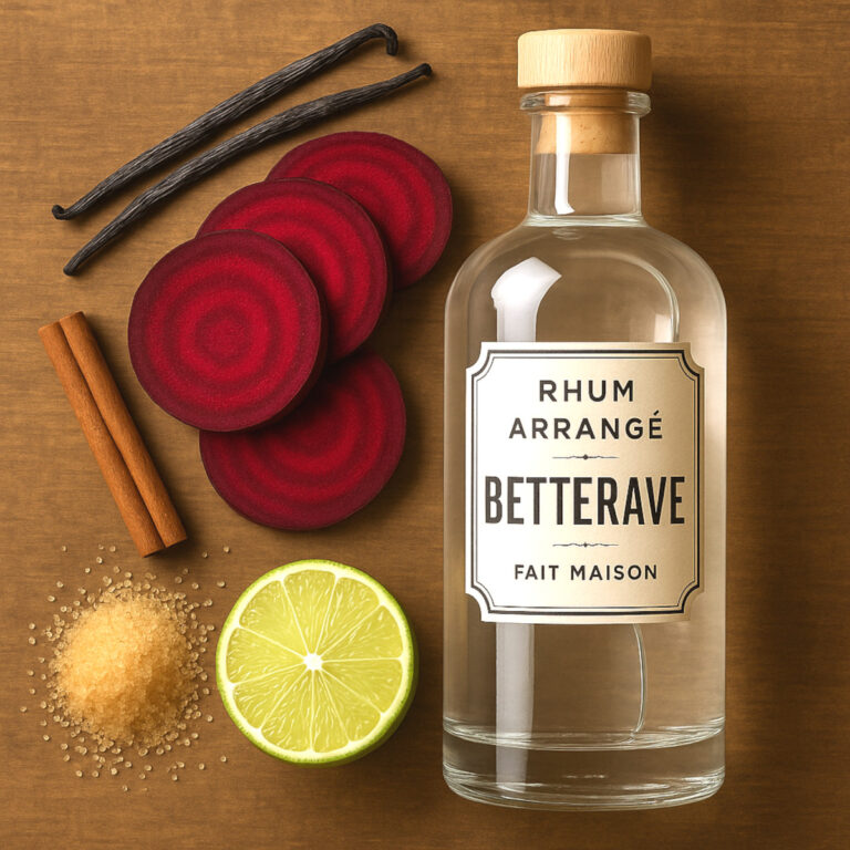 rhum arrangé betterave : rhum blanc agricole, betteraves rouges fraîches, sucre de canne, gousse de vanille, épices