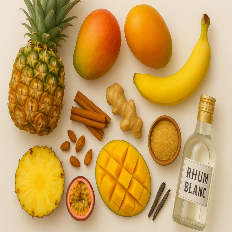 Ingrédients exotiques pour un rhum arrangé maison : ananas, vanille, rhum agricole