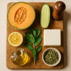 Ingrédients frais pour salade melon concombre feta à plat sur planche – vue du dessus