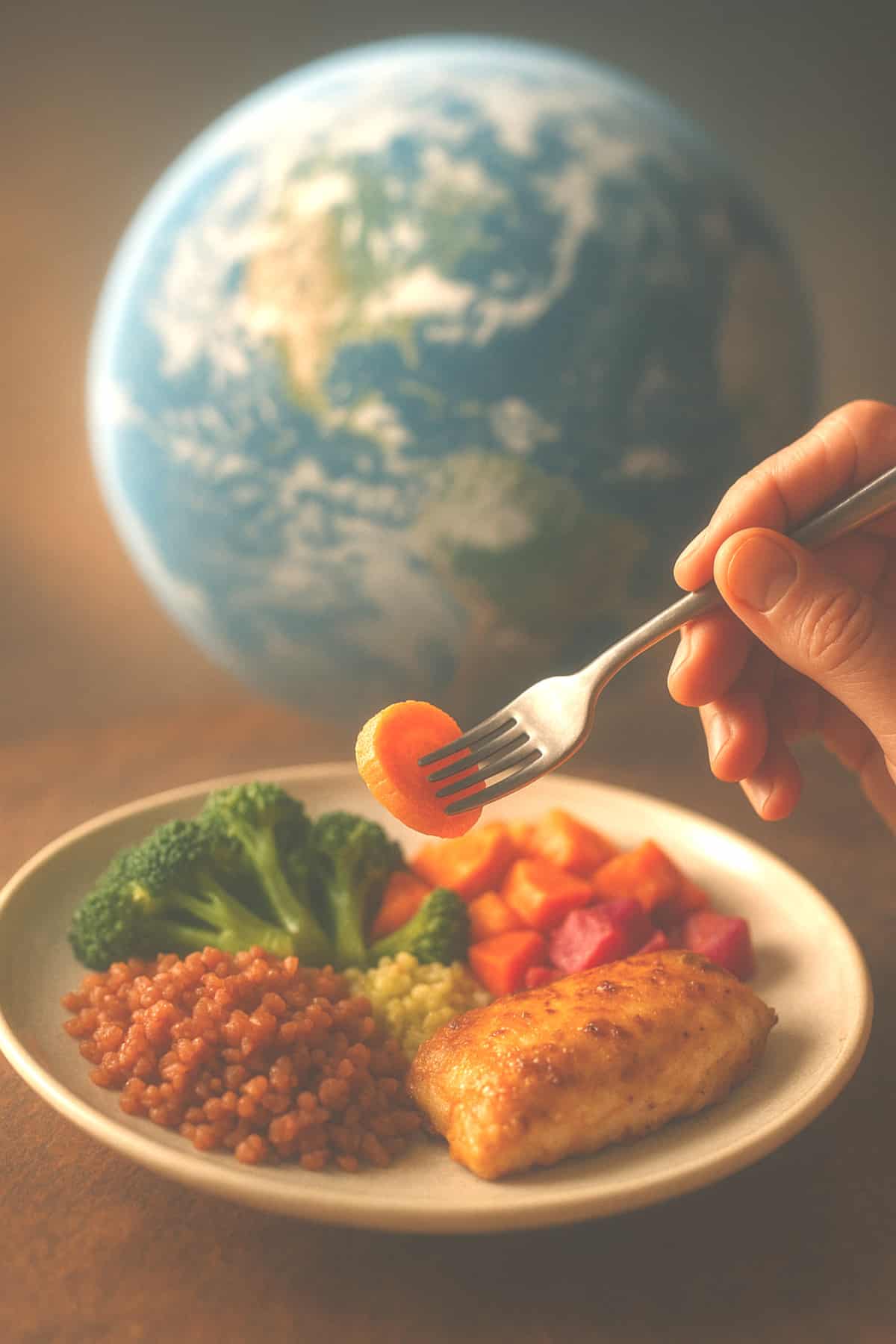 Main tenant une fourchette au-dessus d’un repas fait maison coloré, Terre visible en arrière-plan symbolique