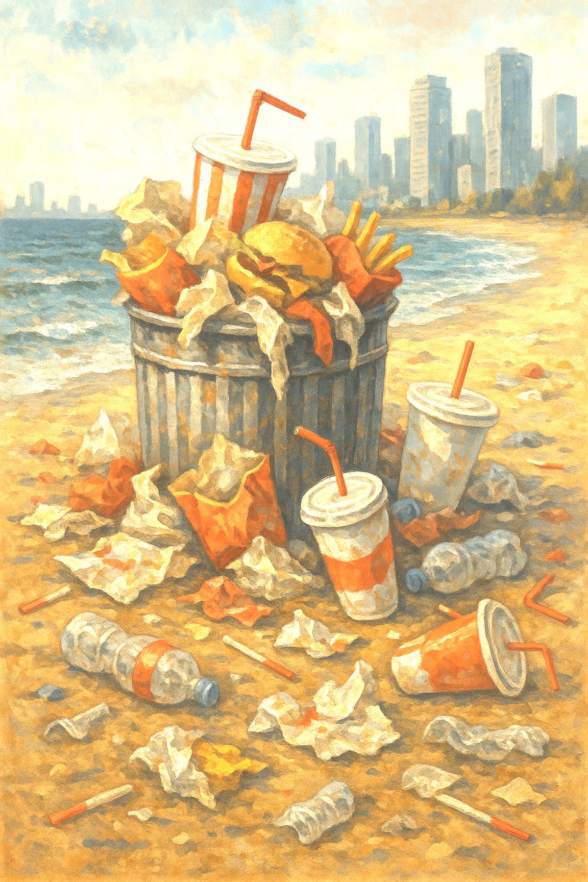 Poubelle débordant d’emballages jetables de restauration rapide, symbolisant la pollution plastique urbaine