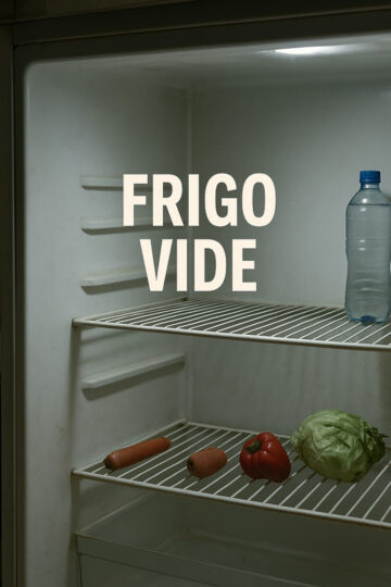 Réfrigérateur vide avec une bouteille d’eau et quelques légumes, symbole visuel de la précarité alimentaire