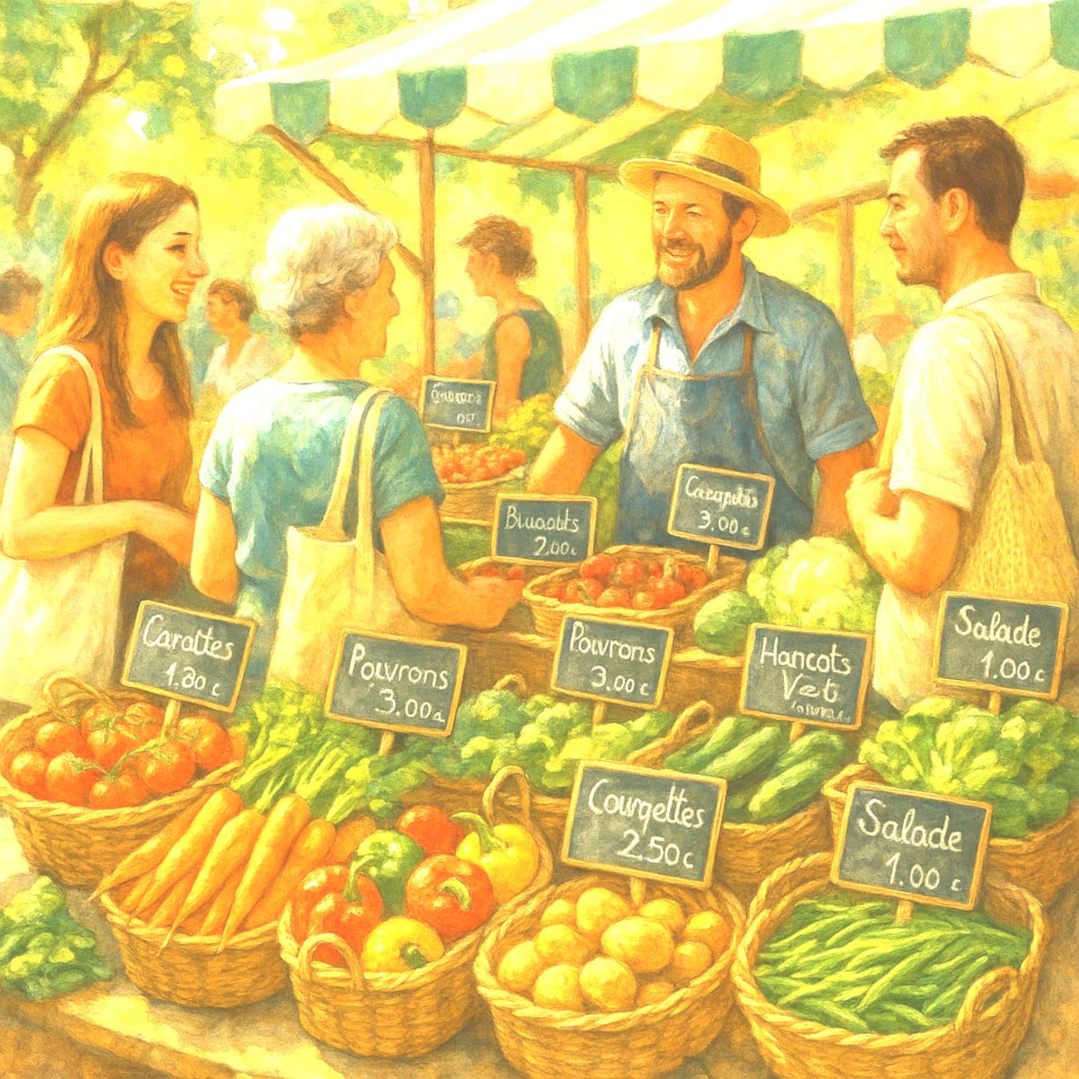 Scène de marché français avec fruits et légumes frais, paniers éco-responsables et pancartes manuscrites