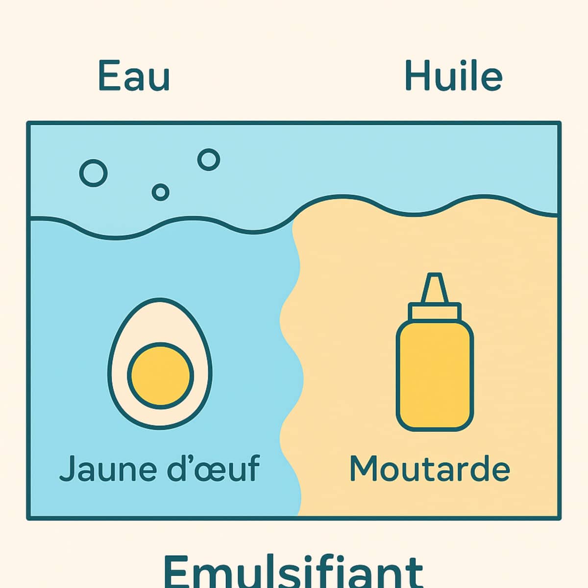 Schéma simple de l'émulsion eau‑huile stabilisée par le jaune d'œuf