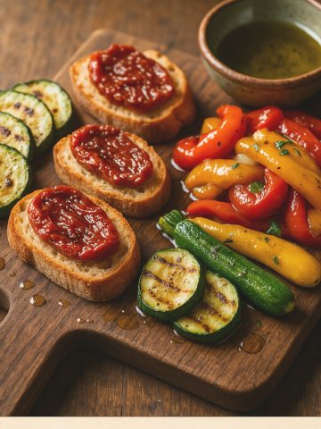 Antipasti méditerranéens avec légumes confits et bruschette maison