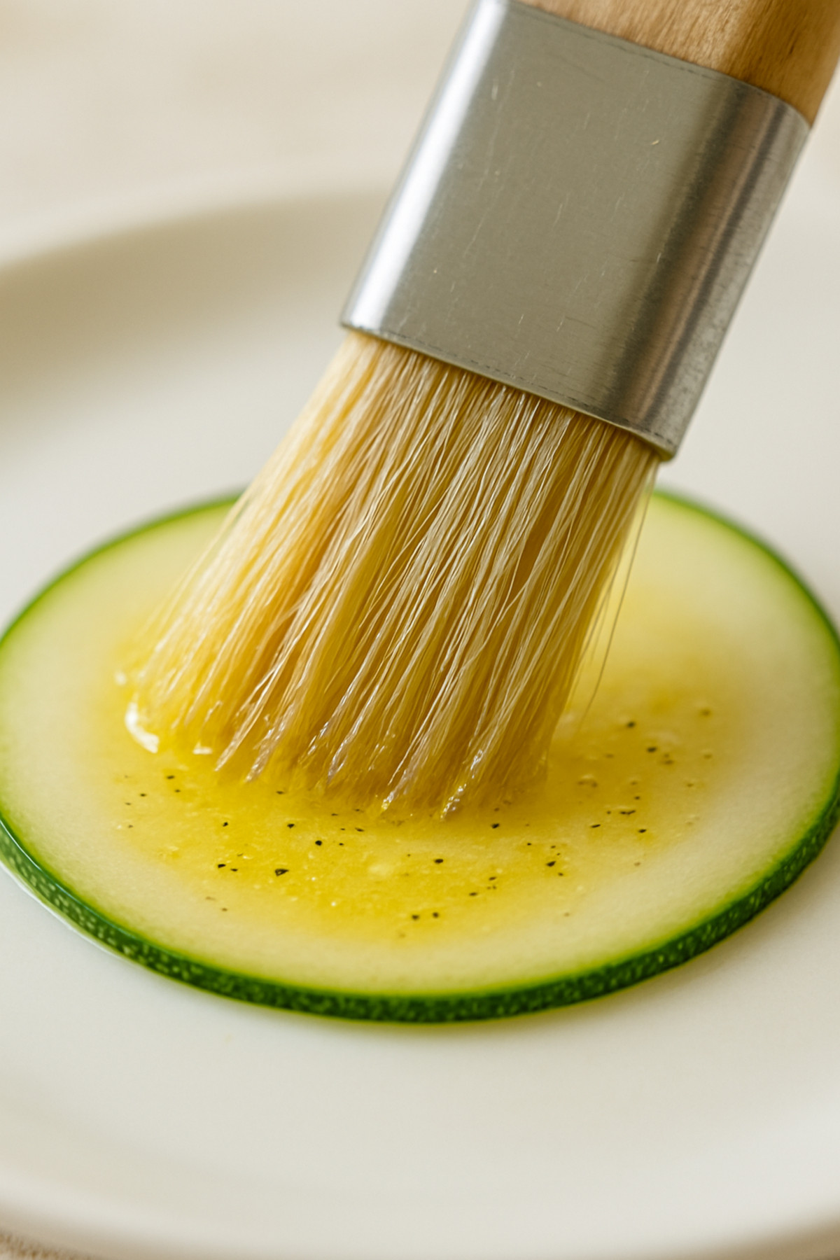 Application de marinade citronnée sur une tranche de courgette crue avec pinceau de cuisine
