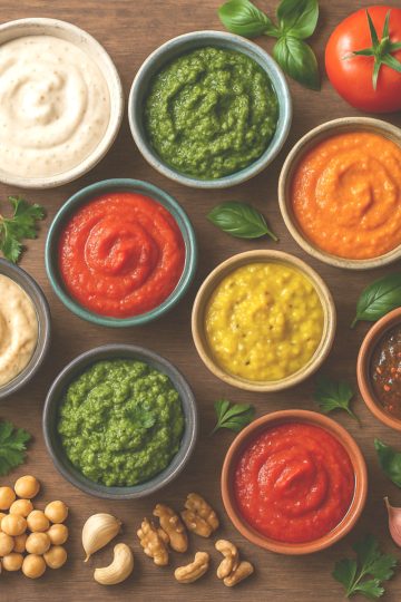 Assortiment de sauces végétariennes et véganes maison dans des bols colorés avec légumes frais et herbes