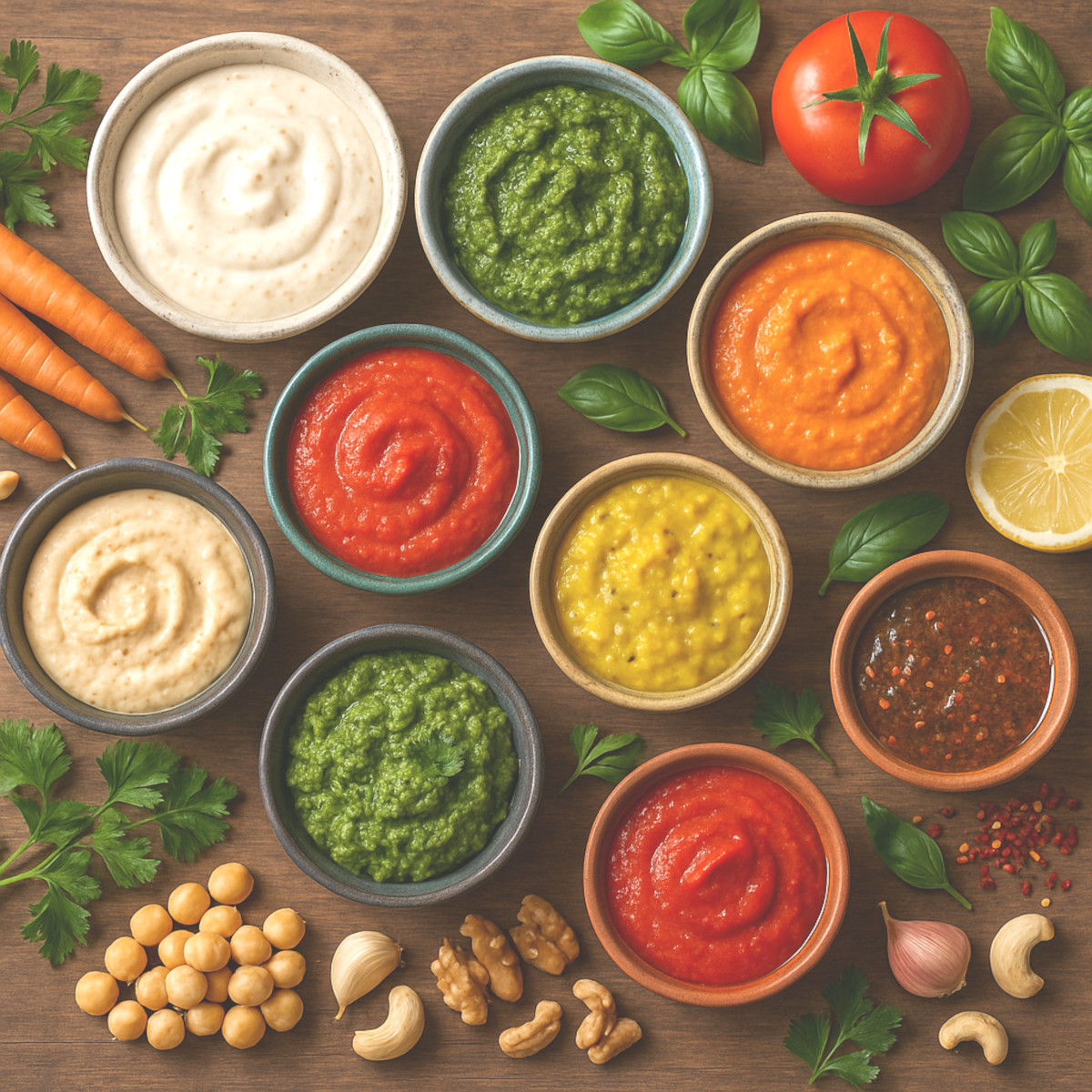 Assortiment de sauces végétariennes et véganes maison dans des bols colorés avec légumes frais et herbes