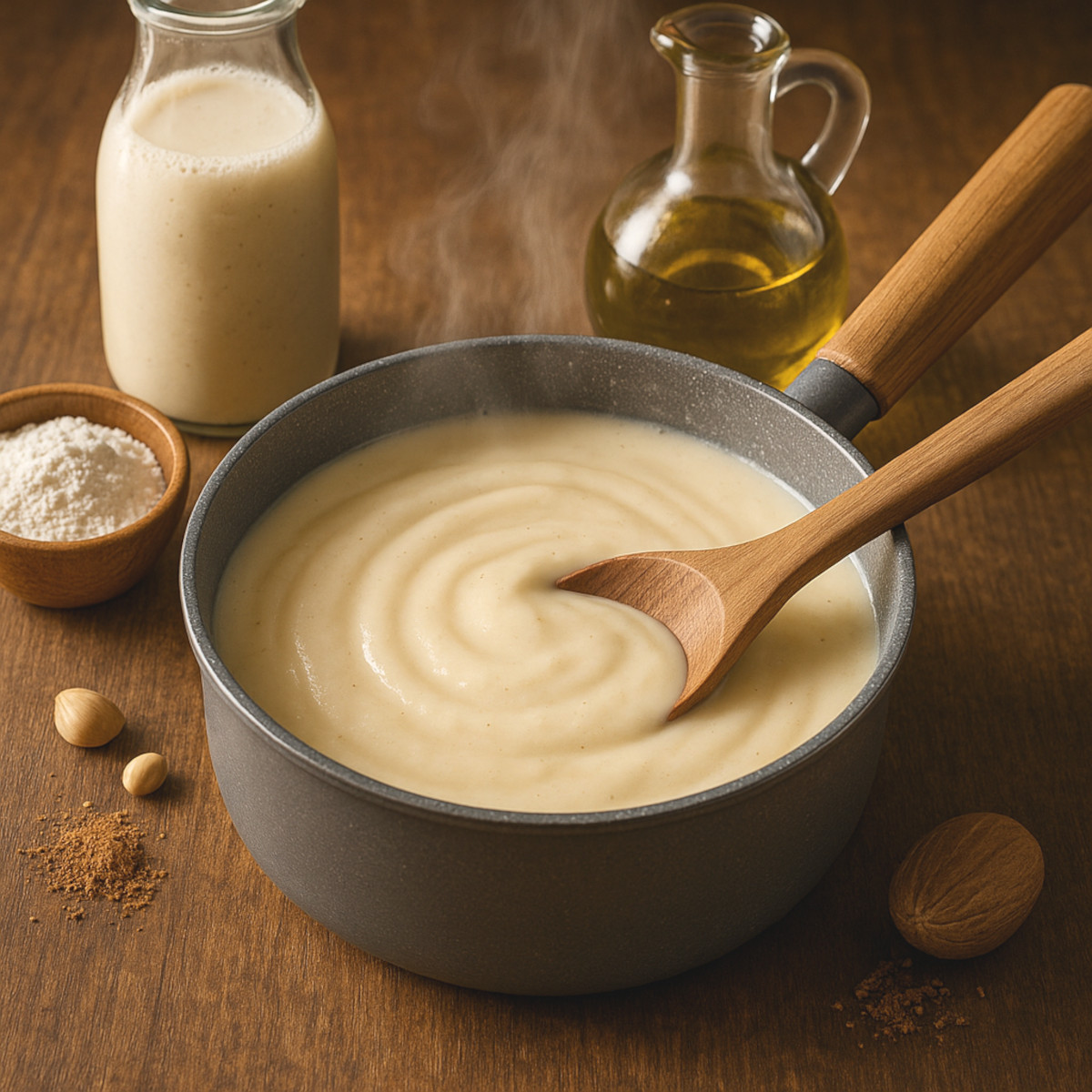 Béchamel végétale crémeuse au lait d’avoine et huile d’olive, parfumée à la muscade