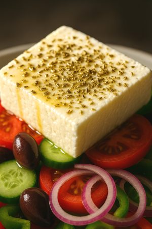 Bloc de feta grecque arrosé d’huile d’olive et saupoudré d’origan séché, posé sur une salade grecque avec tomates, concombres et olives en arrière-plan flou
