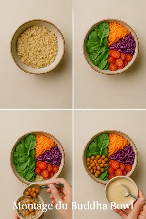 Buddha Bowl aux pois chiches dressé en sections colorées avec légumes croquants et sauce tahini