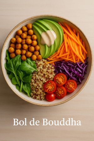 Buddha Bowl aux pois chiches, quinoa, avocat et légumes colorés nappé de sauce tahini maison