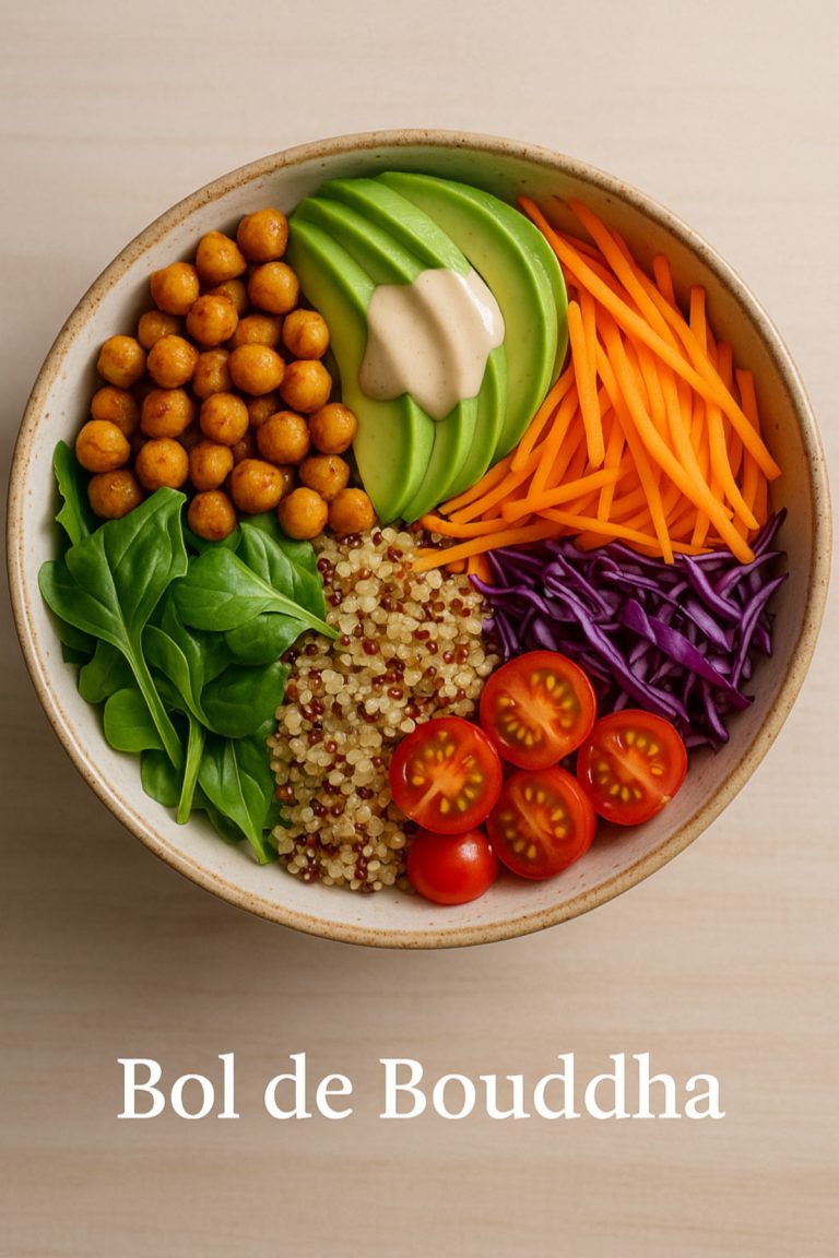 Buddha Bowl aux pois chiches, quinoa, avocat et légumes colorés nappé de sauce tahini maison