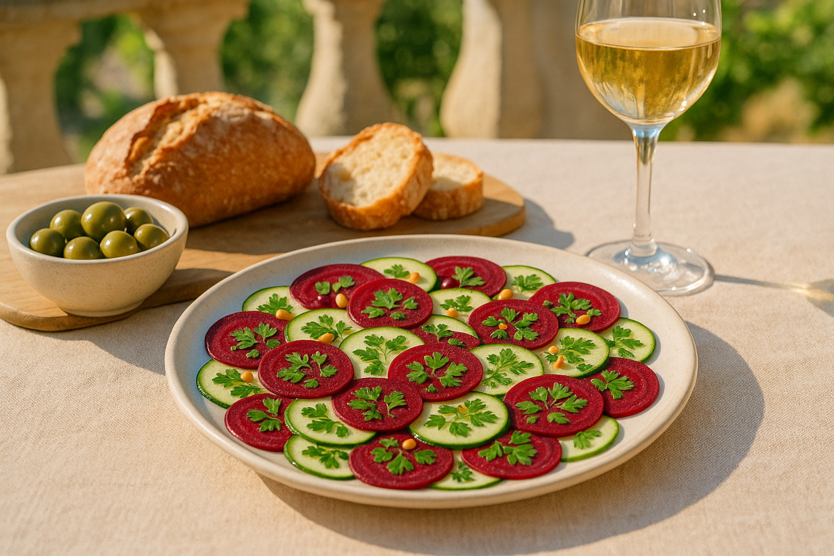 Carpaccio de betterave et courgette garni de pignons grillés et persil frais