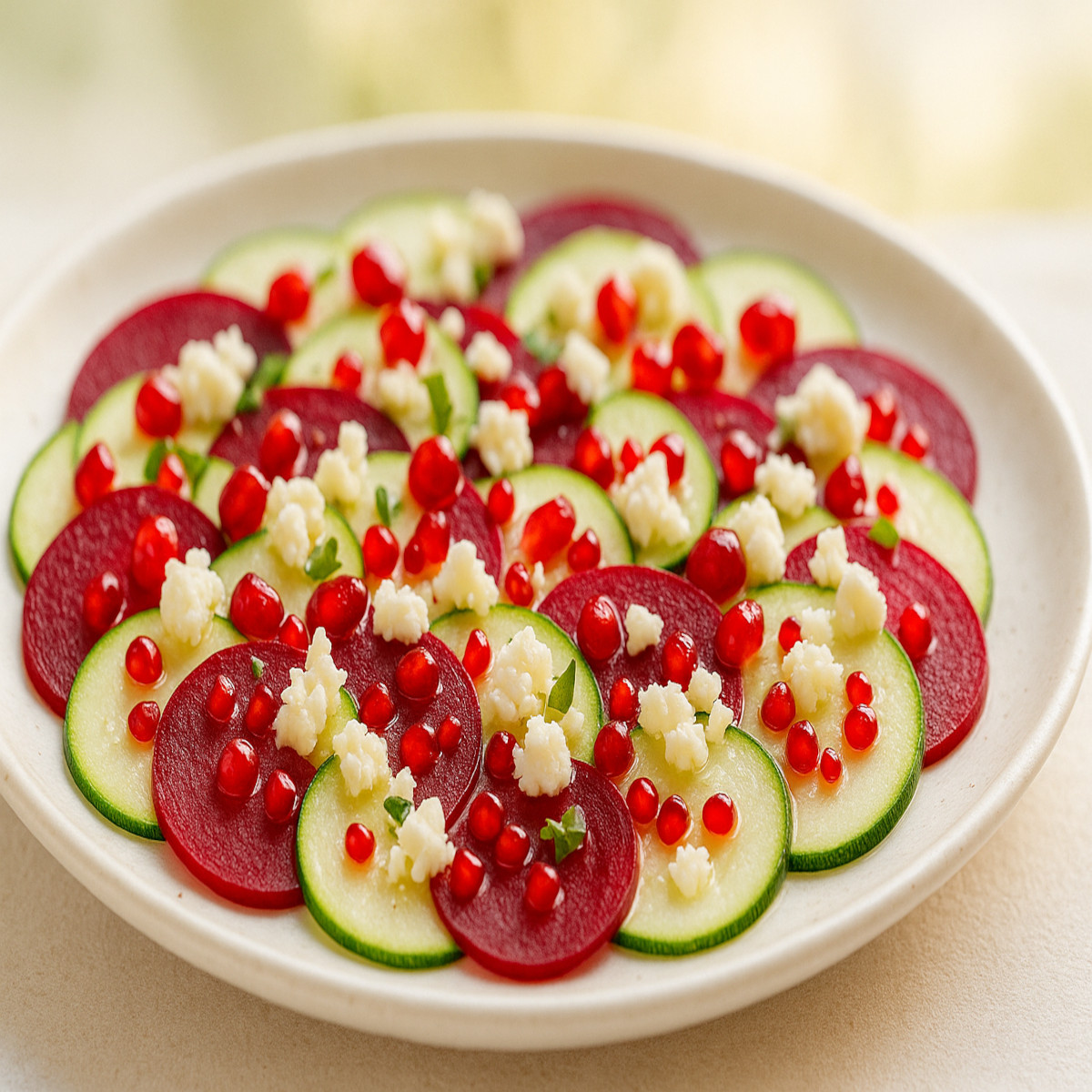 Carpaccio de betterave et courgette version festive avec graines de grenade et feta émiettée