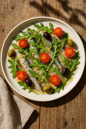 Carpaccio de sardines méditerranéen avec roquette, citron et huile d'olive