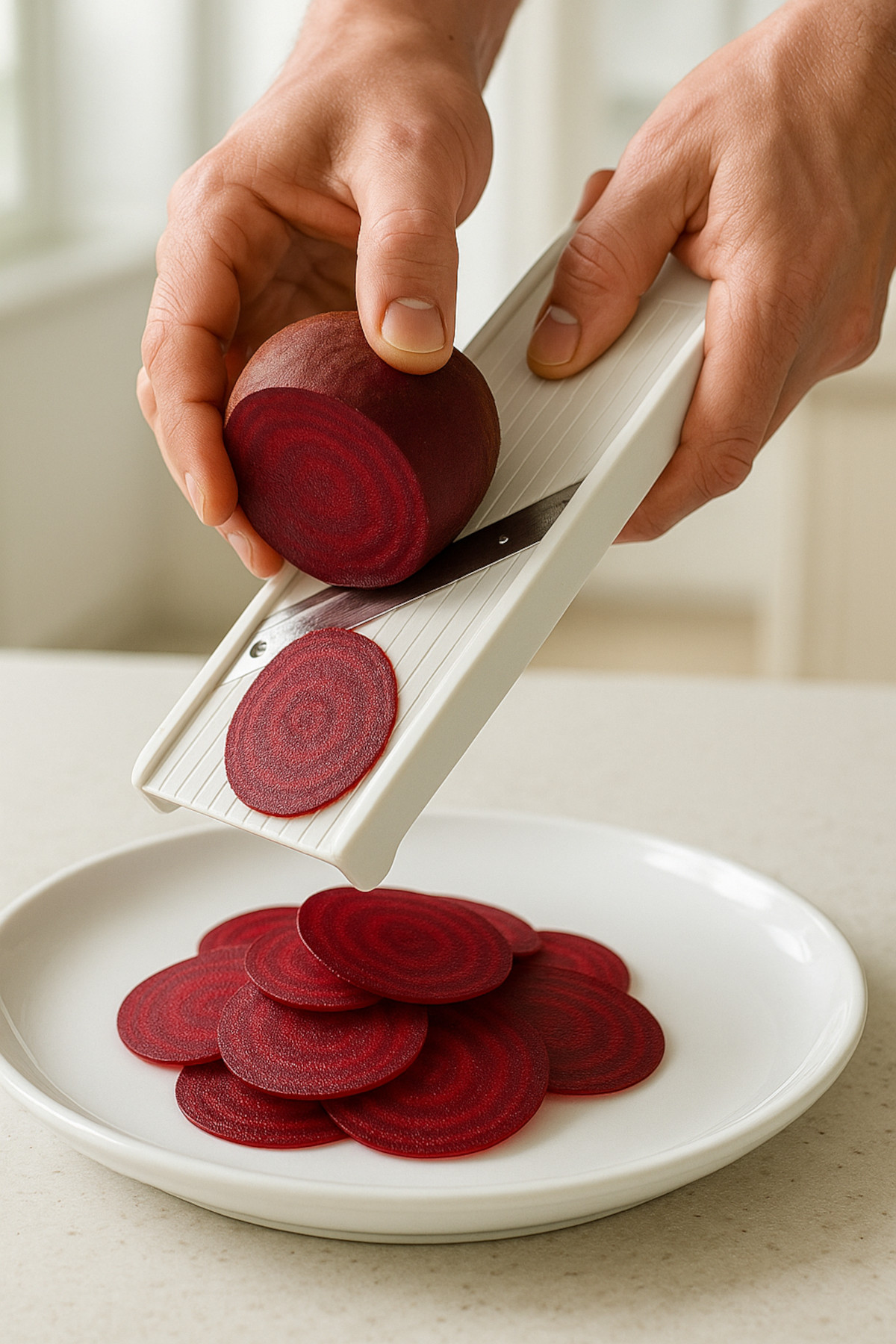 Découpe fine de betterave crue à la mandoline pour carpaccio, tranches translucides prêtes à dresser