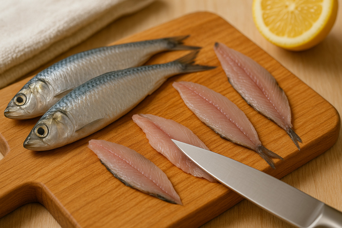 Filets de sardines fraîches préparés à la main sur planche en bois