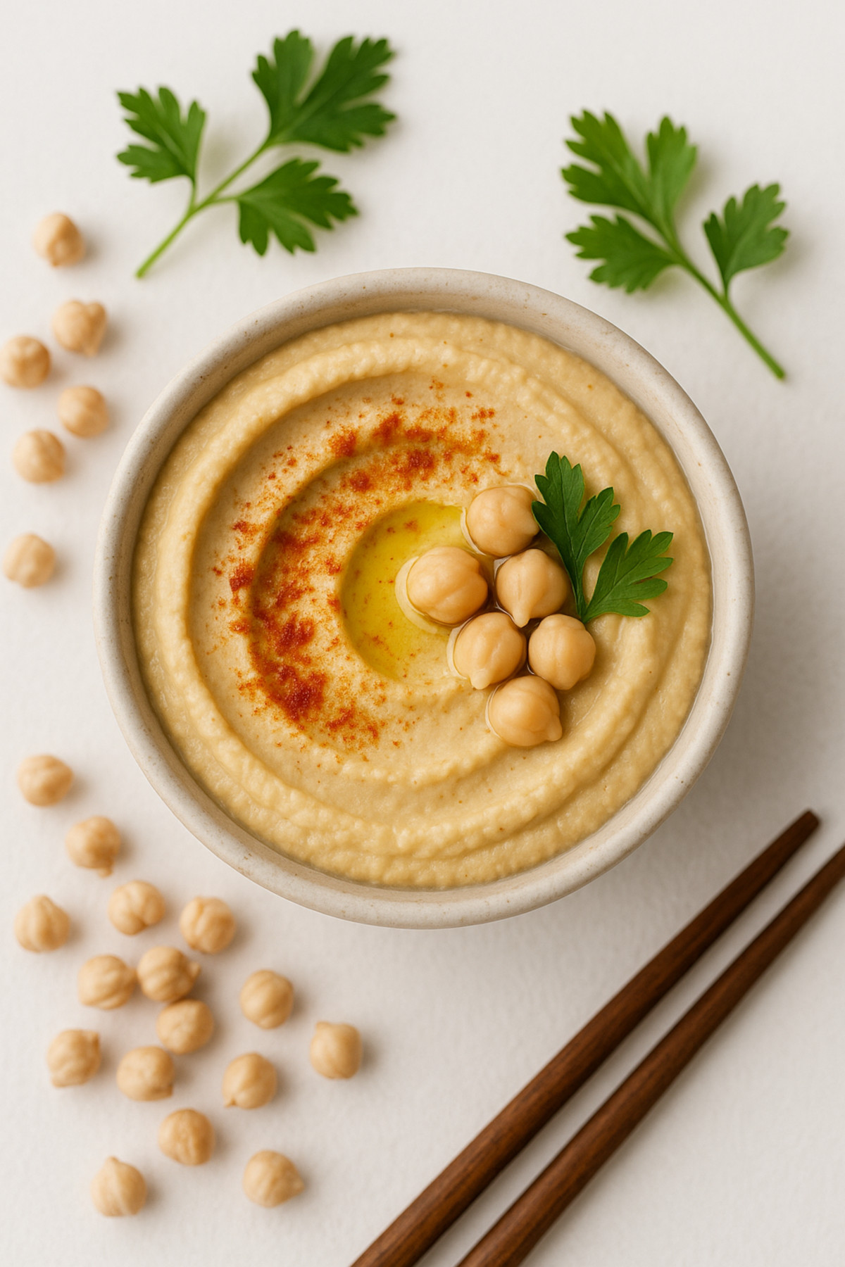 Houmous vegan crémeux avec huile d’olive et paprika, pois chiches et persil frais