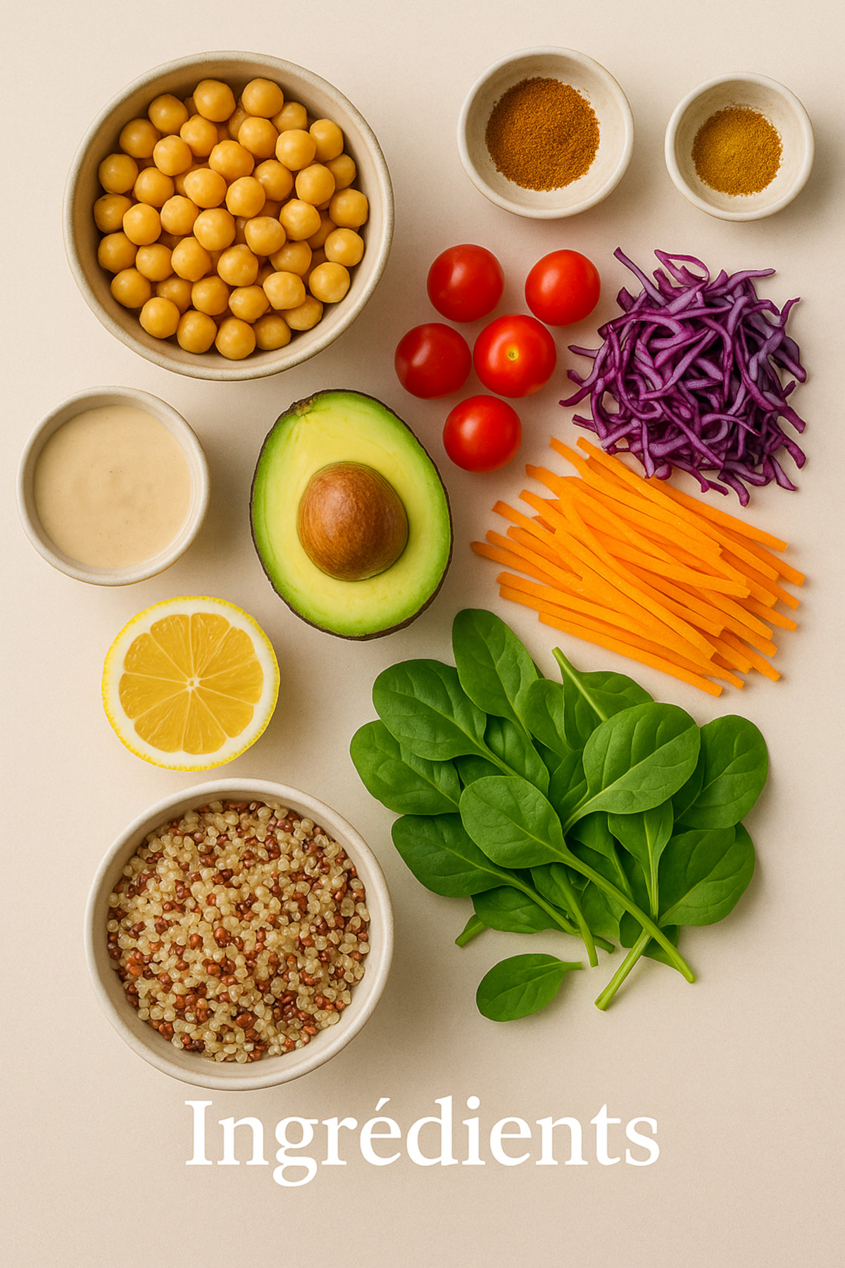 Ingrédients frais pour Buddha Bowl vegan : pois chiches, quinoa, avocat, chou rouge, carottes et tomates cerises