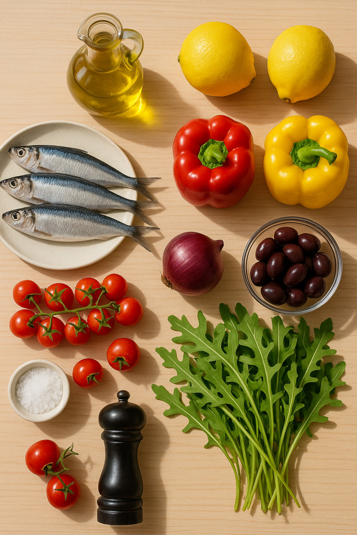 Ingrédients frais pour carpaccio : sardines, citron, poivrons, tomates, roquette