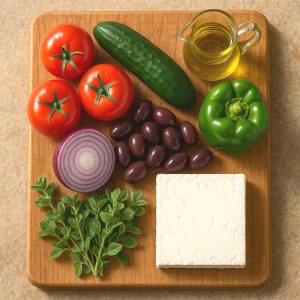 Ingrédients frais pour salade grecque : tomates, concombre, oignon rouge, olives Kalamata, poivron vert, feta, huile d’olive et origan disposés sur une planche en bois