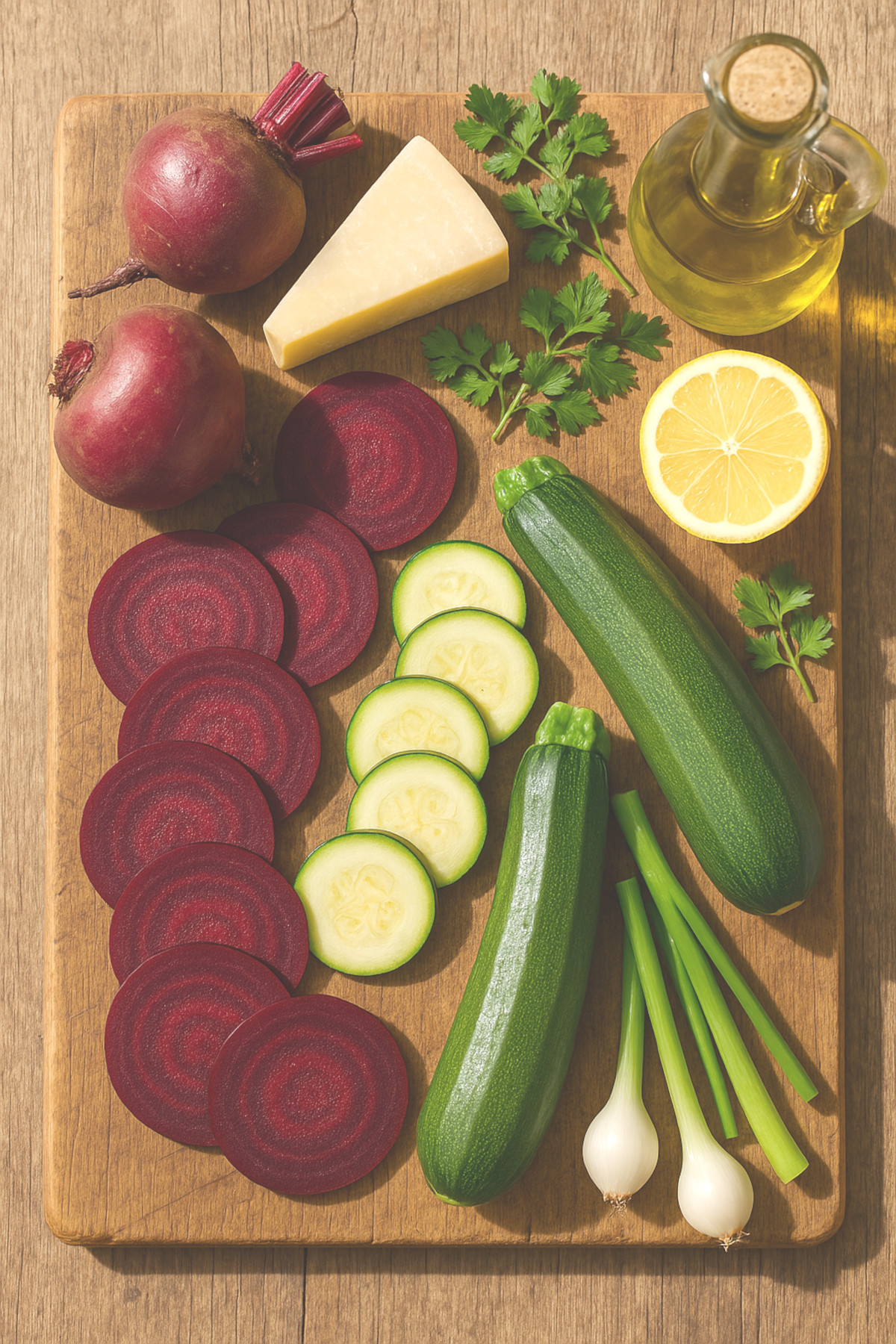 Ingrédients pour carpaccio de betterave et courgette : betteraves crues, courgettes, parmesan, huile d’olive, citron, herbes fraîches