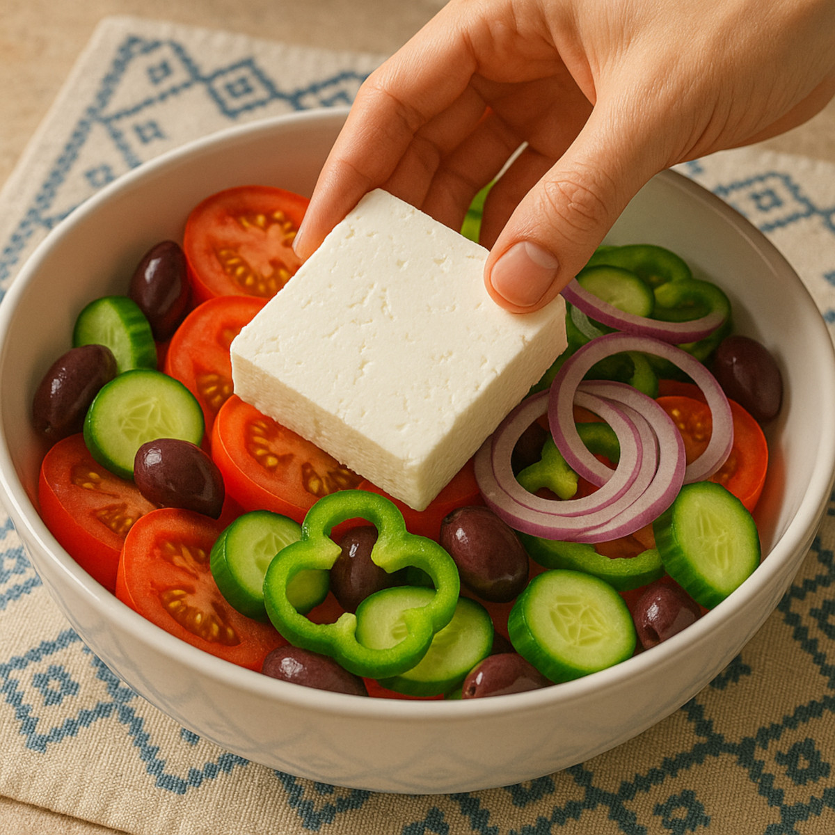 Main déposant un bloc de feta au centre d’une salade grecque colorée avec tomates, concombres, olives et oignons rouges dans un grand bol blanc