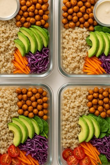 Meal prep de Buddha Bowls vegan avec pois chiches croustillants et quinoa dans boîtes hermétiques