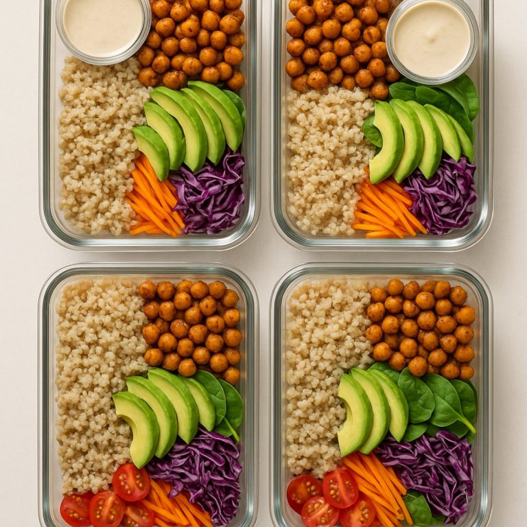 Meal prep de Buddha Bowls vegan avec pois chiches croustillants et quinoa dans boîtes hermétiques