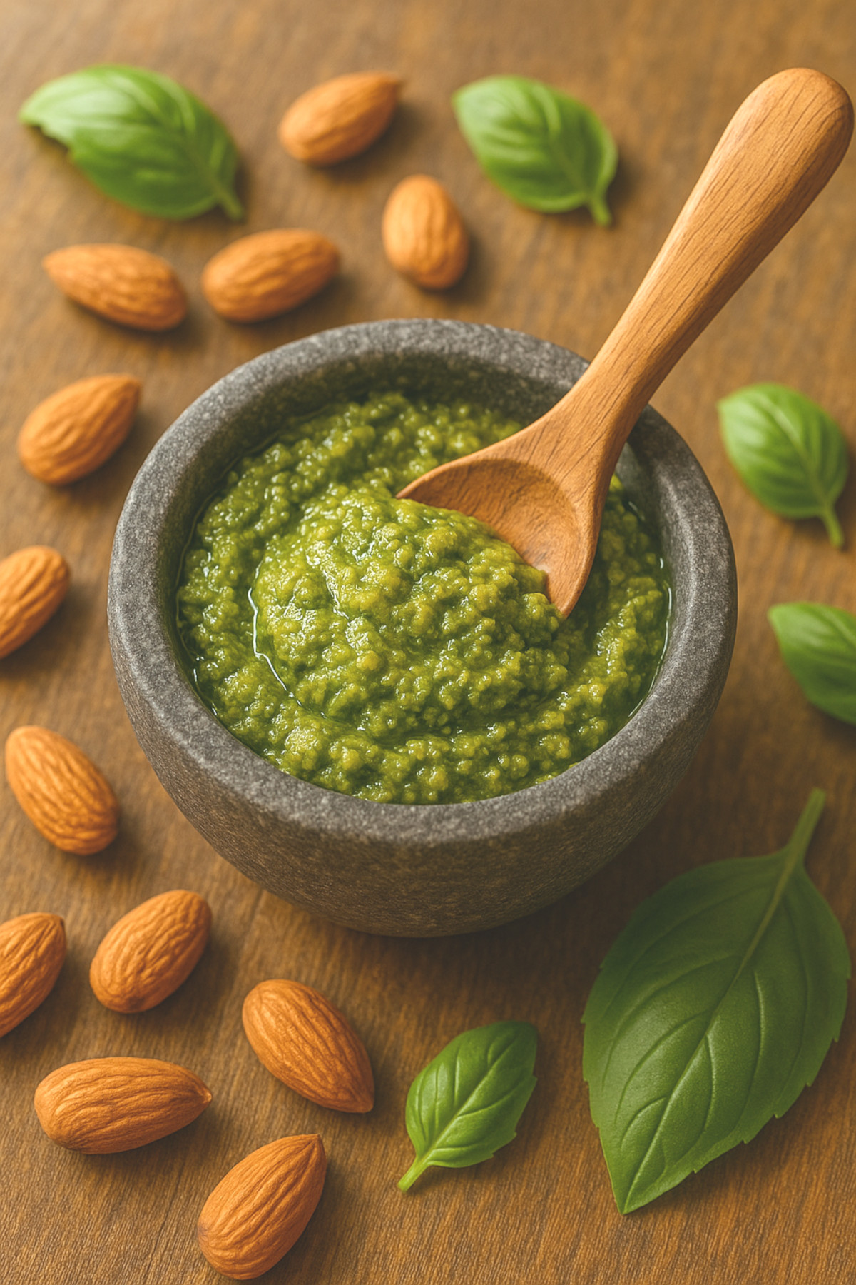 Pesto végétarien aux amandes et basilic frais dans un mortier en pierre