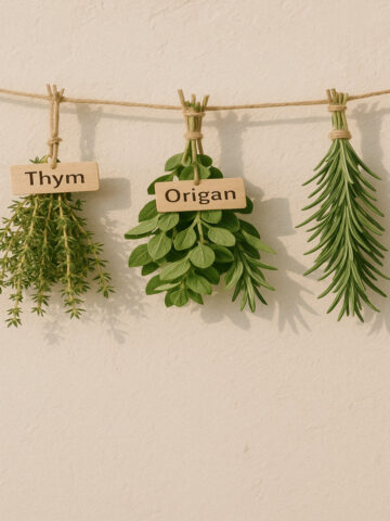 Plantes de thym et de romarin poussant au soleil sur un sol méditerranéen clair et sec