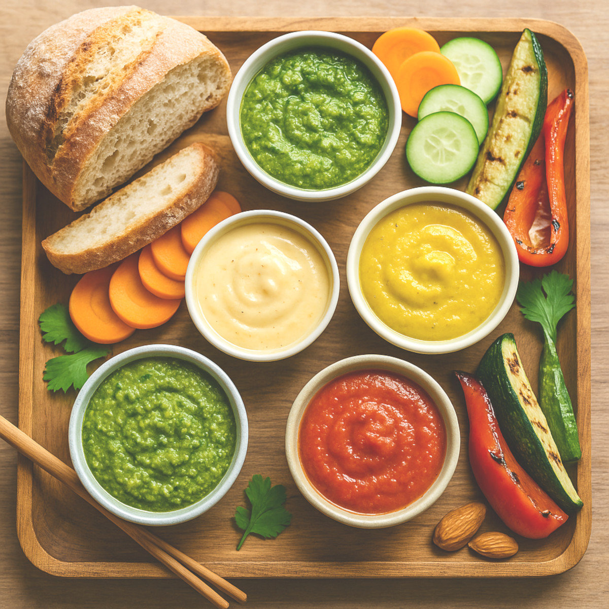Plateau de sauces végétariennes maison avec pain, crudités et légumes grillés