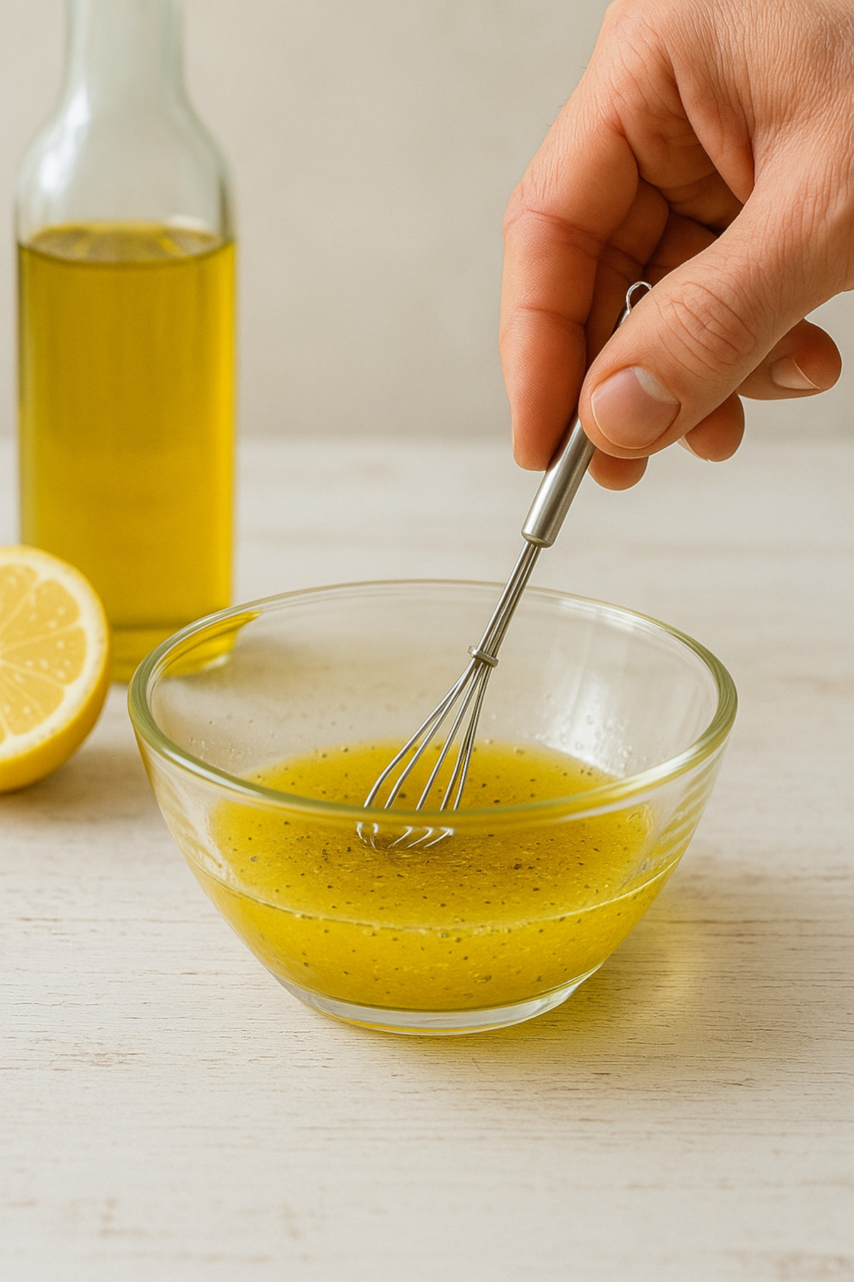 Préparation de la marinade citronnée à l’huile d’olive pour carpaccio de légumes, fouet dans bol en verre