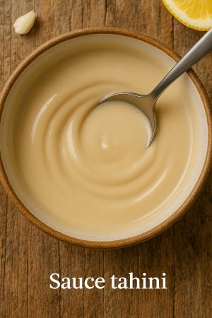 Préparation de sauce tahini crémeuse au citron, ail et sirop d’érable pour Buddha Bowl vegan