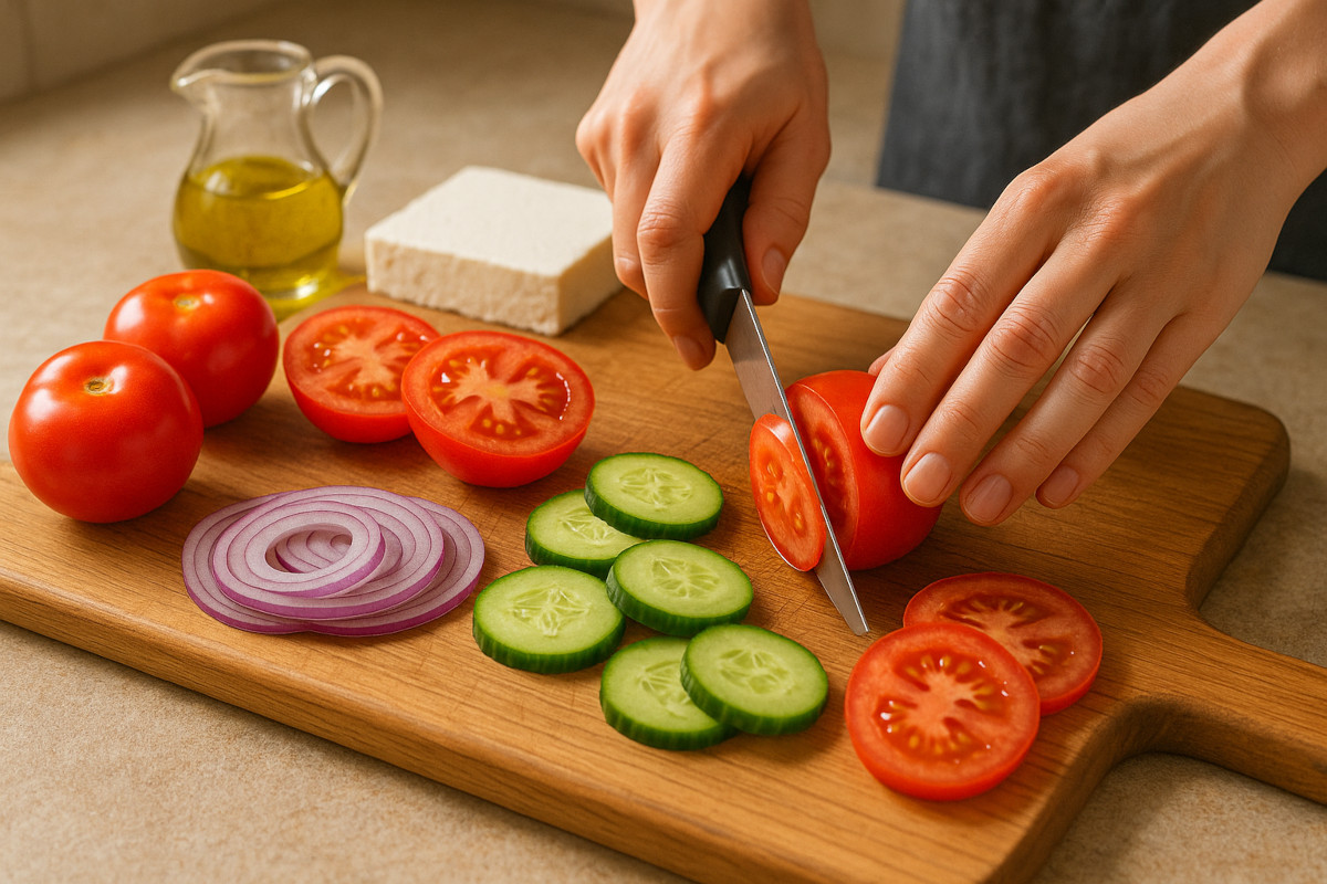 Préparation d’une salade grecque maison, mains coupant tomates et concombres sur une planche en bois avec feta et huile d’olive en arrière-plan.