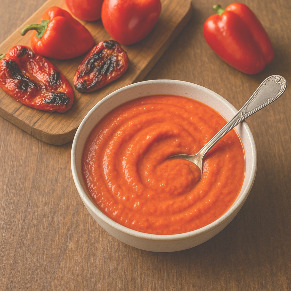 Purée de poivrons rouges rôtis maison, texture lisse et brillante, servie en bol